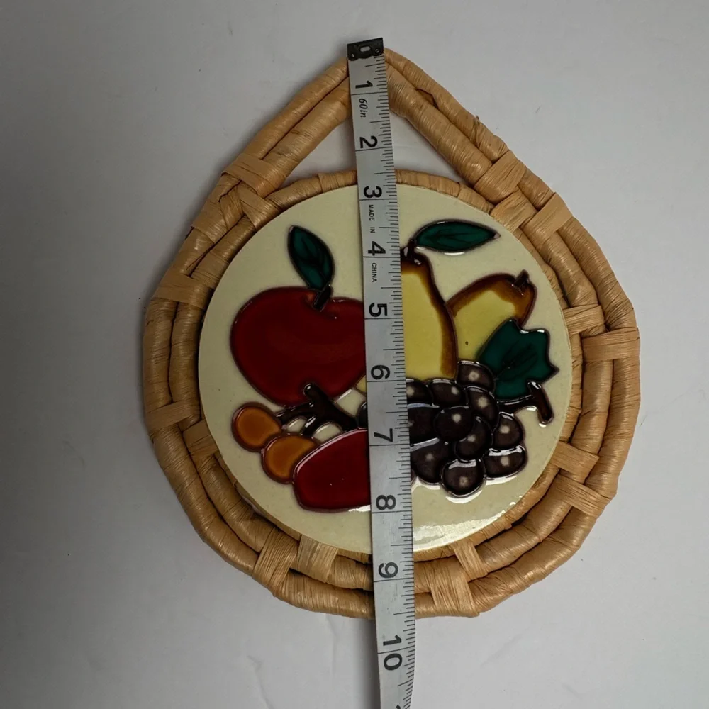 Vintage Fruit Themed Ceramic Tile Trivet Wall Decor on Rattan